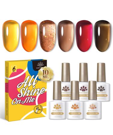 BORN PRETTY Jelly Gel Nail Polish Fall Winter Crystal Transparent Gel Polish Set Translucent Sheer Clear Gel Polish Red Coral Burnt Orange Grey Amber Brown 6 Colors Gift Collection Manicure Kit Crystal Amber