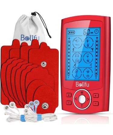Belifu Dual Channel TENS EMS Unit with 12 Pads, 24 Modes Muscle Stimulator , Electronic Pulse Massager Muscle Massager for Pain Relief Therapy, Fastening Cable Ties, Dust-Proof Drawstring Storage Bag Red