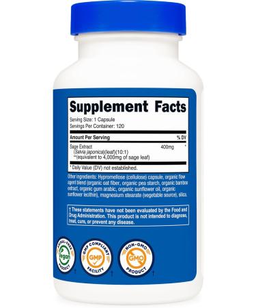 Nutricost Sage Extract 4 000mg Equivalent (from 400mg of 10:1 Extract) Per Serving 120 Capsules for 120 Servings Per Bottle - Vegan GMO-Free and Gluten-Free Supplement - Buy Online on GoSupps.com