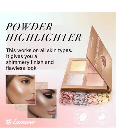Highlighter Makeup Palette Face Powder Kit - With Mirror For Light To Medium Dark Skin - 4 Highly Pigmented Shimmer Colors For Highlighting and Contouring - Vegan Cruelty Free And Hypoallergenic Gold - Buy Online on GoSupps.com