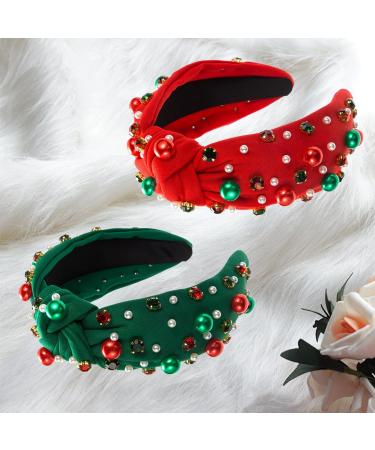 Miaija 2Pieces Chrismas Pearl Knotted Headband Green Red Wide Headbands Rhinestone Hair Hoop Fashion for Women Girls Hair Accessories - Buy Online on GoSupps.com