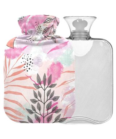 NAANLE heat bottle with cover pink palm leaves Transparent hot water bottle heat bottle for back pain relief handfoot warmer neck warmth and cold therapy 2l