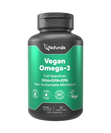 Naturalis Double Strength Vegan Omega 3 DHA EPA & DPA from Microalgae | Vegan Society Certified Sustainably Sourced True Full Spectrum | 90 Veggie Softgels (Carrageenan Free) 90 Count (Pack of 1)