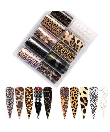 Leopard Nail Foils Nail Art Transfer Stickers, 10 Rolls Leopard Print Nail foil Transfers Holographic Starry Sky Animal Skin Design Full Wrap Decals for Women Acrylic Nail Decor Nail Art Supplies