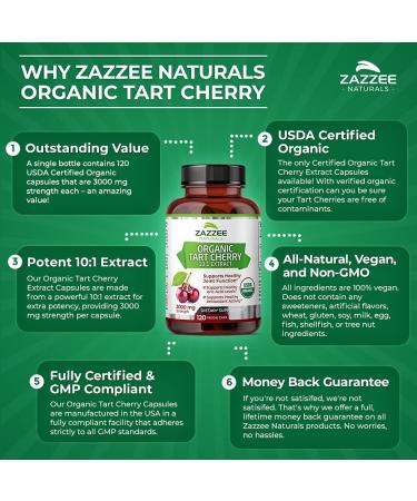 Zazzee USDA Organic Tart Cherry Extract Capsules - 3000mg Strength - 120 Vegan Capsules - Non-GMO & All-Natural - USDA Certified Organic - Buy Online on GoSupps.com