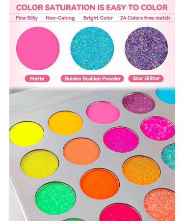 Kalolary Glow in the Dark Neon Eyeshadow Palette - 24 Colors, UV Glow, Matte & Glitter, Highly Pigmented, with 4 Brushes - Buy Online on GoSupps.com