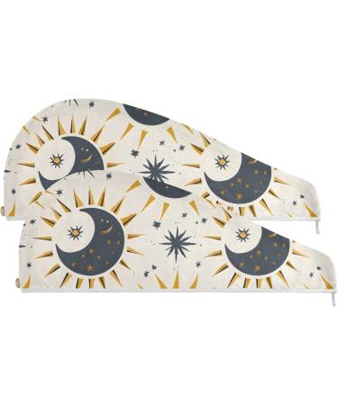 Sun Moon Stars Hair Towel 2 Pack | Super Absorbent Quick Dry Hair Turbans for Women & Girls - Buy Online on GoSupps.com