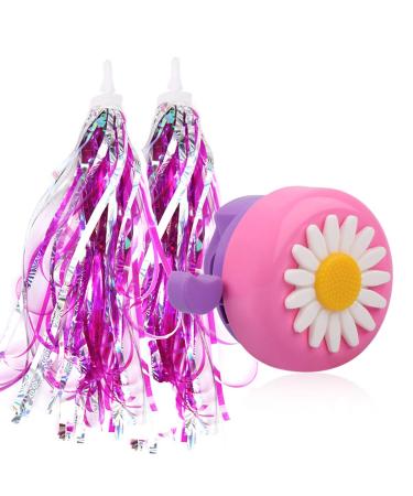 U-LIAN Kids Purple Streamers and Bike Bell for Girls-1 Pack Flower Bicycle Bell with 2 Pack Handlebar Streamers Scooter Tassels for Children's Bike Accessories A-Pink Bell+Shiny Pink Tassels