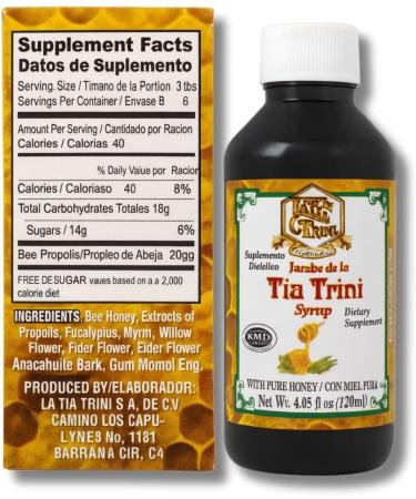 Jarabe de la T a Trini con Miel Pura (Syrup with Pure Honey) - Dietary Supplement - 4.05 fl oz (120 ml) - Mullein Propolis Eucalyptus Anacahuite & Mint(prop leo eucalipto Mirra gordolobo & mas) - Buy Online on GoSupps.com