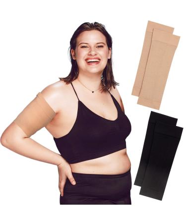2 Pairs Arm Slimming Shapers For Women - Upper Arm Compression Sleeve To Tone Arms - Arm Wraps For Flabby Arms - Helps Shape Upper Arms Ideal For Plus Size Women ( Black + Beige )