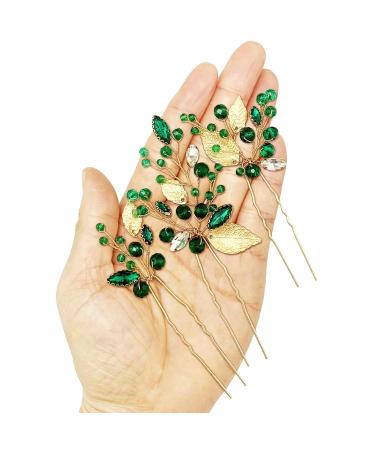 Emerald Green Rhinestone Gold Leaf Wedding Hair Pins - Pack of 3 | Bridal Hair Accessories for Women Girls - Buy Online on GoSupps.com
