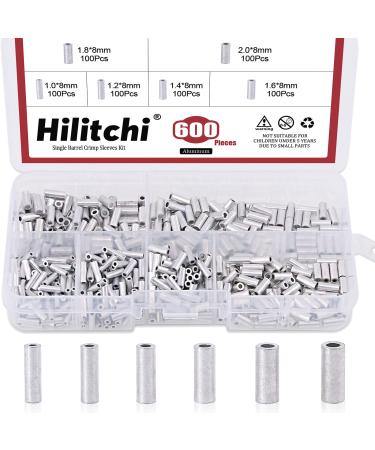 Hilitchi 600 Pcs 6 Sizes Single Barrel Crimp Sleeves Mini Aluminum Crimp Sleeves Connector Kit for Fishing Line for 1.0, 1.2, 1.4, 1.6, 1.8, & 2mm Fishing Wire Dia.