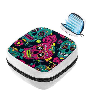 GIAPB Sanitary Napkin Storage Bag Period Bag Tampon Bag Makeup Bag Pad Pouch Blue Colorful Skull Color1979