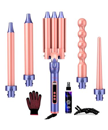 Brightup Curling Iron, 3 Barrel Hair Waver All in 1 Curling Wand with Interchangeable Ceramic Barrels and Heat Protection Spray, LCD Display, Instant Heating, Temperature Adjustment, 10 pcs Set Purple