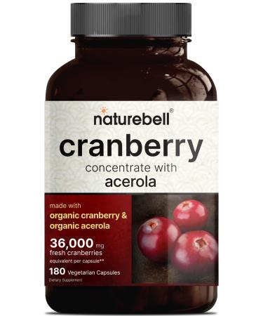 Double Strength Cranberry Pills, Made with Organic Wild Cranberry Extract Plus Acerola 25mg, 180 Vegan Capsules, 36000mg Fresh Cranberries Equivalent, Support Urinary Tract Health, Sugar Free