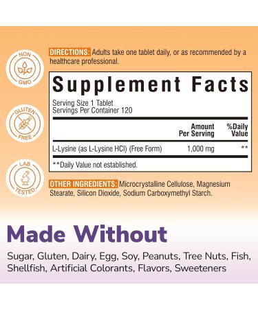Vitalibre L-Lysine 1000 mg, High Potency L-Lysine HCl, Free Form Essential Amino Acid, Protein & Collagen Synthesis, Immune Support, Maximum Absorption, Vegan, 120 Tablets - Buy Online on GoSupps.com