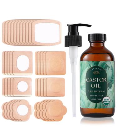 40Pcs Castor Oil Patch Set Castor Oil Pack with 8oz Organic Cold-Pressed Caster Oil Glass Bottle Disposable Leakproof 40pcs pack with oil