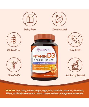 Doctor's Recipes Vitamin D3 2000 IU Cholecalciferol 120 Softgels Non-GMO Bones Calcium Absorption Immune Health Energy & Mood Support - Buy Online on GoSupps.com