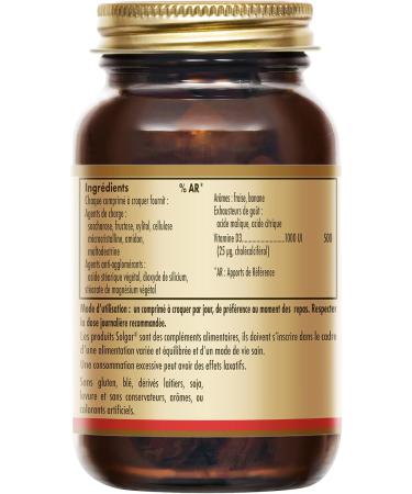 Solgar Vitamin D3 1000 IU chewable - Natural defenses - Immunity - Bone health - Strawberry/banana taste - Food supplement - Bottle of 100 chewable tablets - Buy Online on GoSupps.com
