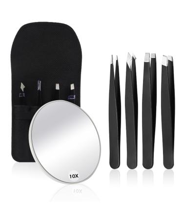 WangSelect Tweezers Set and 10X Magnifying Mirror Portable Magnified Travel Mirror and Professional Stainless Steel Tweezers Kit for Eyebrows Grooming Facial Hair Splinter and Ingrown Hair Removal