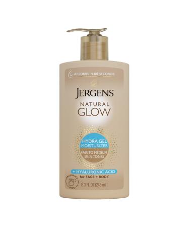 Jergens Natural Glow Hydra Gel Moisturizer Hyaluronic Acid Tanning Lotion Hydrating Tanning Gel Fragrance-Free Self Tanner Fair to Medium Skin Tones 8.3 Fl Oz