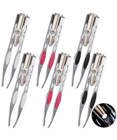 6 Pieces Light Tweezers Stainless Steel Tweezers with LED Light, Makeup Eyelash Eyebrow Hair Removal Tweezers Illuminating Lighted Tweezers for Precision Hair Removaln (White, Black, Rose Red)