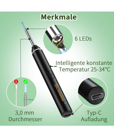 VITCOCO Ear Wax Removal Kit - 1920P HD Otoscope for iPhone & Android - 6 LED Lights - Visual Ear Scope for Ear Cleaning - Ear Camera Tool - Buy Online on GoSupps.com