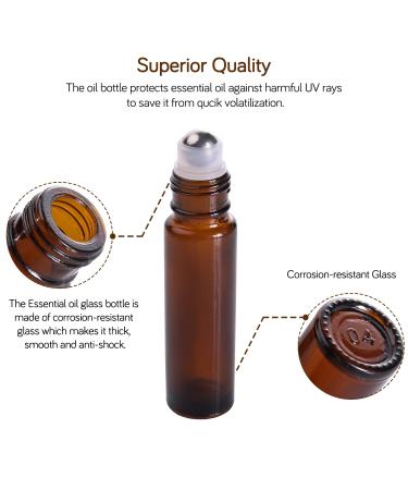 PrettyCare 10ml Amber Glass Roller Bottles - 12 Pack with 2 Extra Roller Balls, 24 Labels, Opener, 2 Funnels | Essential Oil Roll on Bottles for Aromatherapy - Buy Online on GoSupps.com