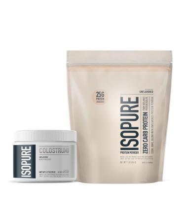 Bundle of Isopure Bovine Colostrum Supplement Powder 90 Servings + Isopure Unflavored Protein Whey Isolate 25g Protein Zero Carb 16 Servings 1 Pound (Packaging May Vary)