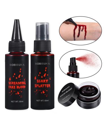 BOBISUKA 3PCS Halloween Fake Blood Makeup Kit - Coagulated Blood 1.41oz + Fake Blood Spray 1.76oz + Dripping Blood 1.76oz, Realistic Washable Special Effects SFX Makeup Set, for Zombie Vampire Monster Cosplay Mouth Clothes Dress Up