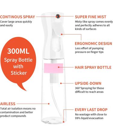 Sandiyago Continuous Water Spray Bottle 300ml Fine Mist Empty Hair Spray Bottle Plastic Water Mist Sprayer for Hairstyling Cleaning Plants Misting Essential Oil White Transparent - Buy Online on GoSupps.com