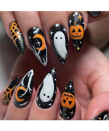 Halloween Press on Nails Medium Almond Fake Nails Glossy Glue on Nails Full Cover False Nails with Halloween Pumpkin Cobweb Ghost Designs Artificial Acrylic Stick on Nails for Women A10
