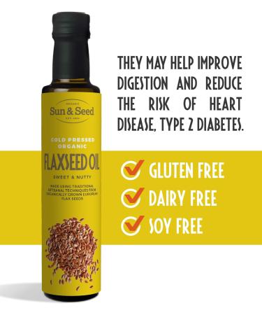 Organic Flax Seed Oil (Cold Pressed) by Sun & Seed - 250ml - Made from 100% Organic Flax Seeds - Great Source of Omega-3 - Vegan Friendly - Pure & Refined - Buy Online on GoSupps.com