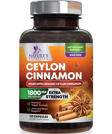 Organic Ceylon Cinnamon Capsules (Certified Organic Ceylon Cinnamon) 1800mg - Organic Sri Lanka Ceylon Cinnamon Powder Caps - Best Vegan True Cinnamon Cinnamomum Verum Vitamins - 120 Capsules 120 Count (Pack of 1)