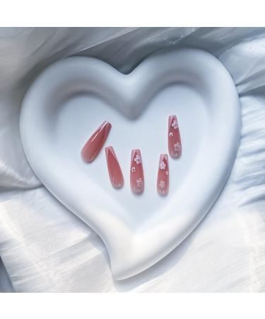 Glossy Nude Pink French Tip Coffin Press-on Nails with Flower Design - 24 Pcs - Buy Online on GoSupps.com