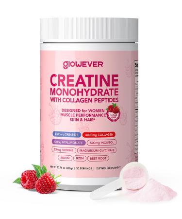 GlowEver Creatine for Women | 5g Creatine Monohydrate + 4g Collagen Peptides Complex Creatine Powder | Sugar-Free, Gluten-Free, Non-GMO, Easily Soluble | Raspberry, 30 Servings