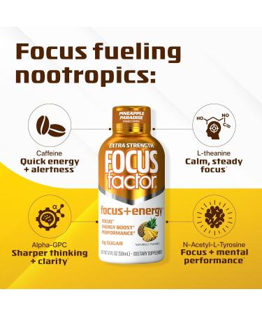 Focus Factor Extra Strength Focus + Energy Shots - 12 x 2oz Bottles (Pineapple Paradise Flavor) - Powered by Nootropics with Caffeine, L-Theanine, Ginkgo, Bacopa, L-Tyrosine, Alpha GPC - Buy Online on GoSupps.com