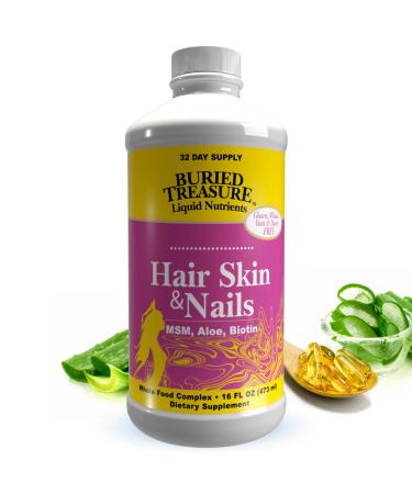Buried Treasure Hair, Skin and Nails with MSM Biotin Aloe Vera plus Vitamins and Minerals in a High Potency Liquid Whole Food Complex for Fuller Hair, Stronger Nails and Clearer Skin 16 oz 16 Fl Oz (Pack of 1)
