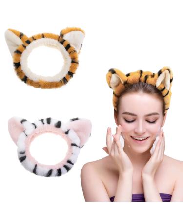 OSOPLAY 2 PCS Women Animal Ear Tiger Print Fuzzy Hairband Makeup Headband Elastic Stretch Head Wrap for Skincare Spa