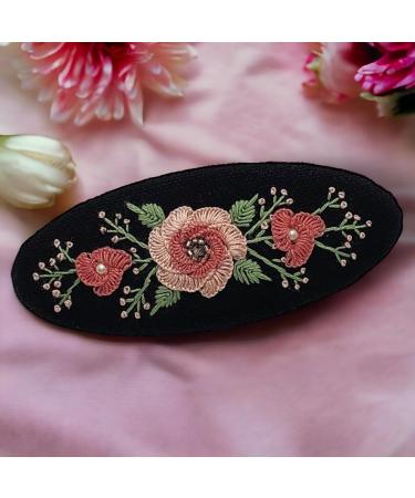 Rose Flower Pattern Embroidered Oval-Shaped French Hair Barrette Clips Poppy Flower Design Fashion Embroidered Cute Hair Clips Colorful Embroidered Hair Barrettes for Girls and Women (Black 1) - Buy Online on GoSupps.com