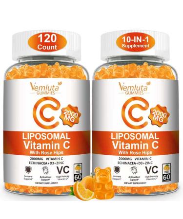 2 Pack Liposomal Vitamin C 2000mg Gummies Complex Rose HIPS with D3 5000IU Elderberry Echinacea Iron & Zinc for Adults Kids Immune Antioxidant & Collagen Support Orange Flavor 120Count 60 Count (Pack of 2)