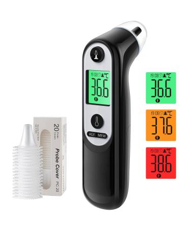 Ear thermometer for baby adults ear fever thermometer with old precision and color-coded temperature display digital infrared thermometer with 21*disposable protective caps (black)