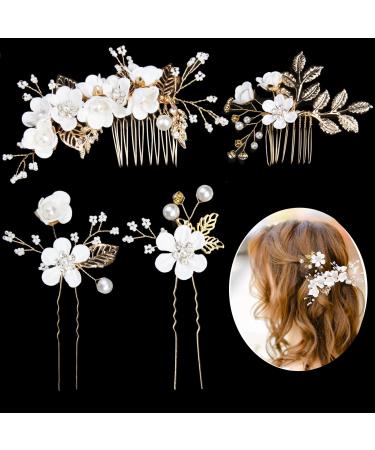 YOOBNG Bridal Wedding Flower Hair Pins 4 Pieces Bridal Hair Accessories Wedding with Flowers Pearls Leaf Bridal Hair Comb Hair Accessories Wedding Hair Clips for Women Girls and Bridesmaid (White)