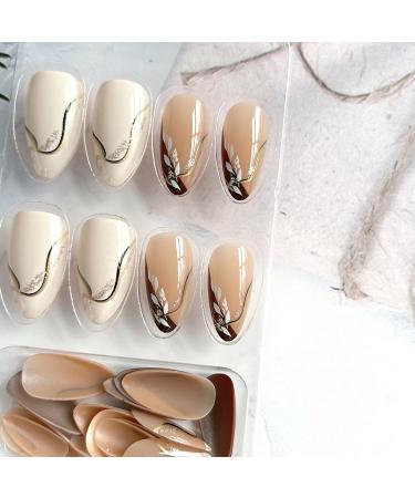 24 Pcs Almond Press on Nails - Fall Brown & White Fake Nails with Leaf Designs - Glossy Acrylic Full Cover - Perfect for Autumn & Thanksgiving DIY Manicure - Buy Online on GoSupps.com