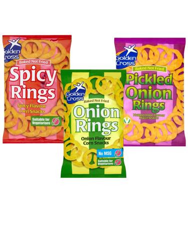 Spicy Rings Onion Rings Pickled Onion Rings Crispy Chips Bags - 3 x Mixed Chips Bags 150g