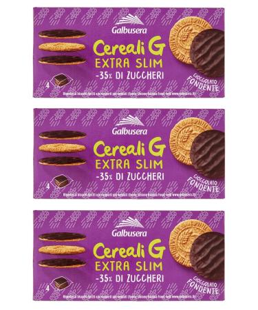 Galbusera Cereali G Pack of 3 extra thin fondant cereal biscuits wrapped in dark chocolate 120 g each pack contains 4 individual portions of 30 g