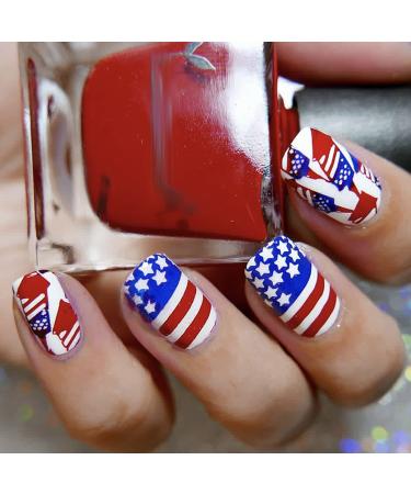 Independence Day Nails Press on Nails Short Coffin Shape False Nails USA Flag Short Square Fake Nails Full Cover Short Length Acrylic Artificial Nails Design Patriotic Nails Manicure Decoration Independence DayZ198
