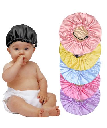 6 Pieces Kids Satin Bonnet Night Sleep Caps, Adjustable Sleeping Hat Soft Silk Flower Night Hats for Natural Hair Teens Toddler Child Baby Reversible Double (Pink,Black,Purple,Rose Red,Blue,Yellow) Pink,purple,rose Red,bla…