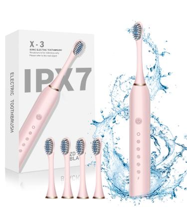 BIUSIKAN Sonic Electric Toothbrush, USB Rechargeable Ultrasonic Electric Toothbrush for Adults, Travel Toothbrushes with 4 Brush Heads, 6 Modes with 2 Minutes Build in Smart Timer, Toothbrush Electric Pink
