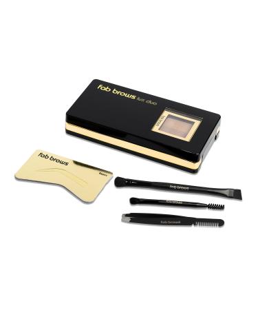Fab Brows LUX Duo Stencil Eyebrow Kit - Ultimate Brow Stencil Kit with Duo Brow Powder  Highlighter Powder  Stencil Shapes  Eyebrow Tools & Compact Mirror - Eyebrow Stencil Kit - Light Brown/Medium